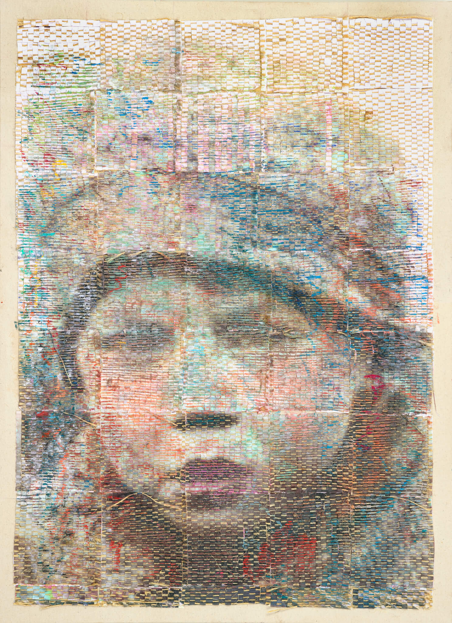 Hetty Baiz, Original Face 3, 2021, woven paper and jute, oil pastel, acrylic paint, ink, on canvas, 43 x 31 1/2